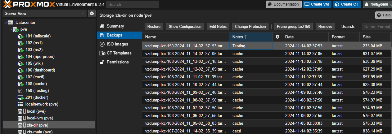 A screenshot of missing Proxmox container backups.